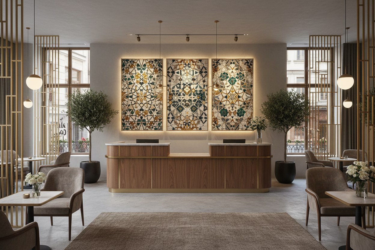 Boutique otel resepsiyon mozaik serisi — üç parçalı geometrik desen