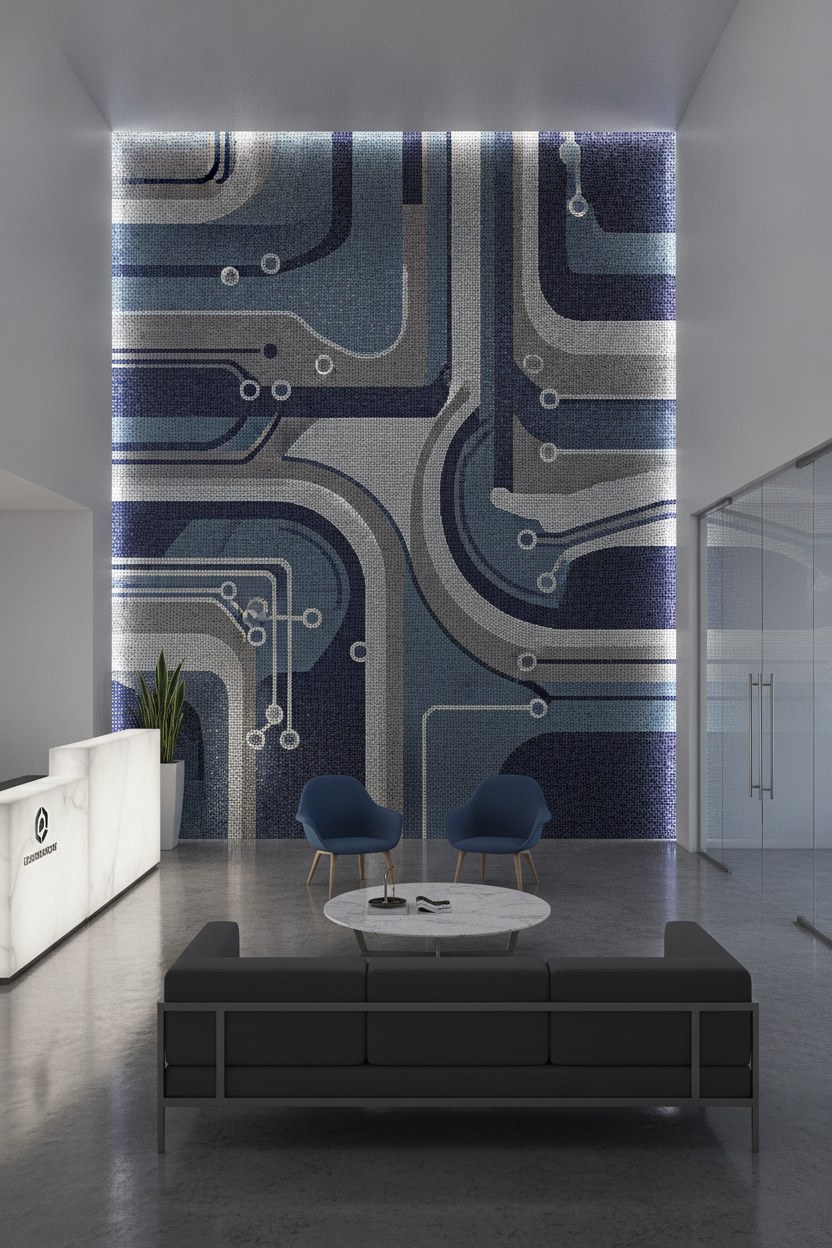 Ofis giriş holü mozaik duvar — mavi tonlarda modern geometrik yorumlama
