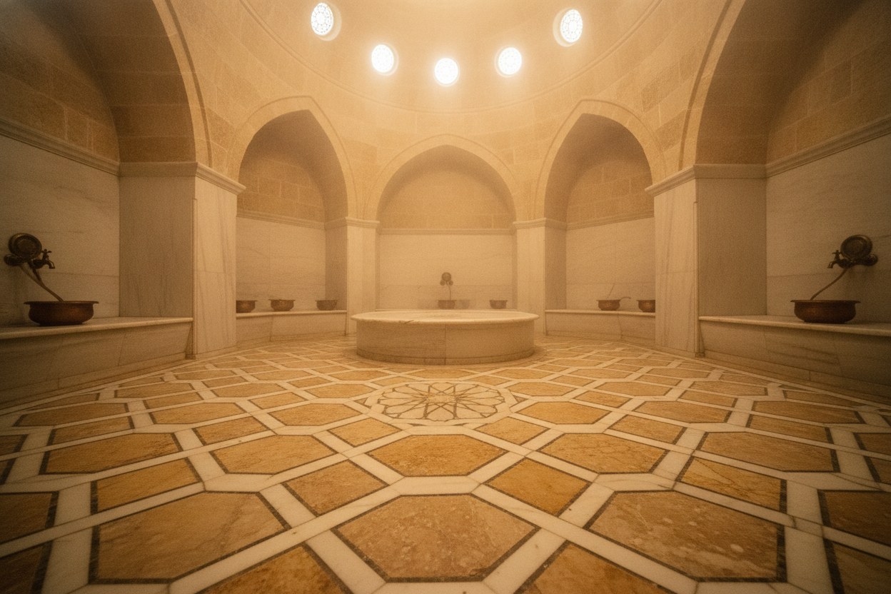 Hamam restorasyonu mozaik zemin — Osmanlı dönemi yıldız deseni yeniden yorumlanmış